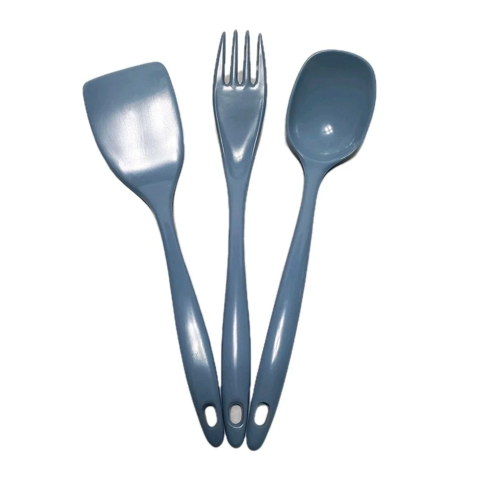 Vintage Blue Melamine Ware Kitchen Utensil Set 3 Spatula Fork Spoon Taiwan Made